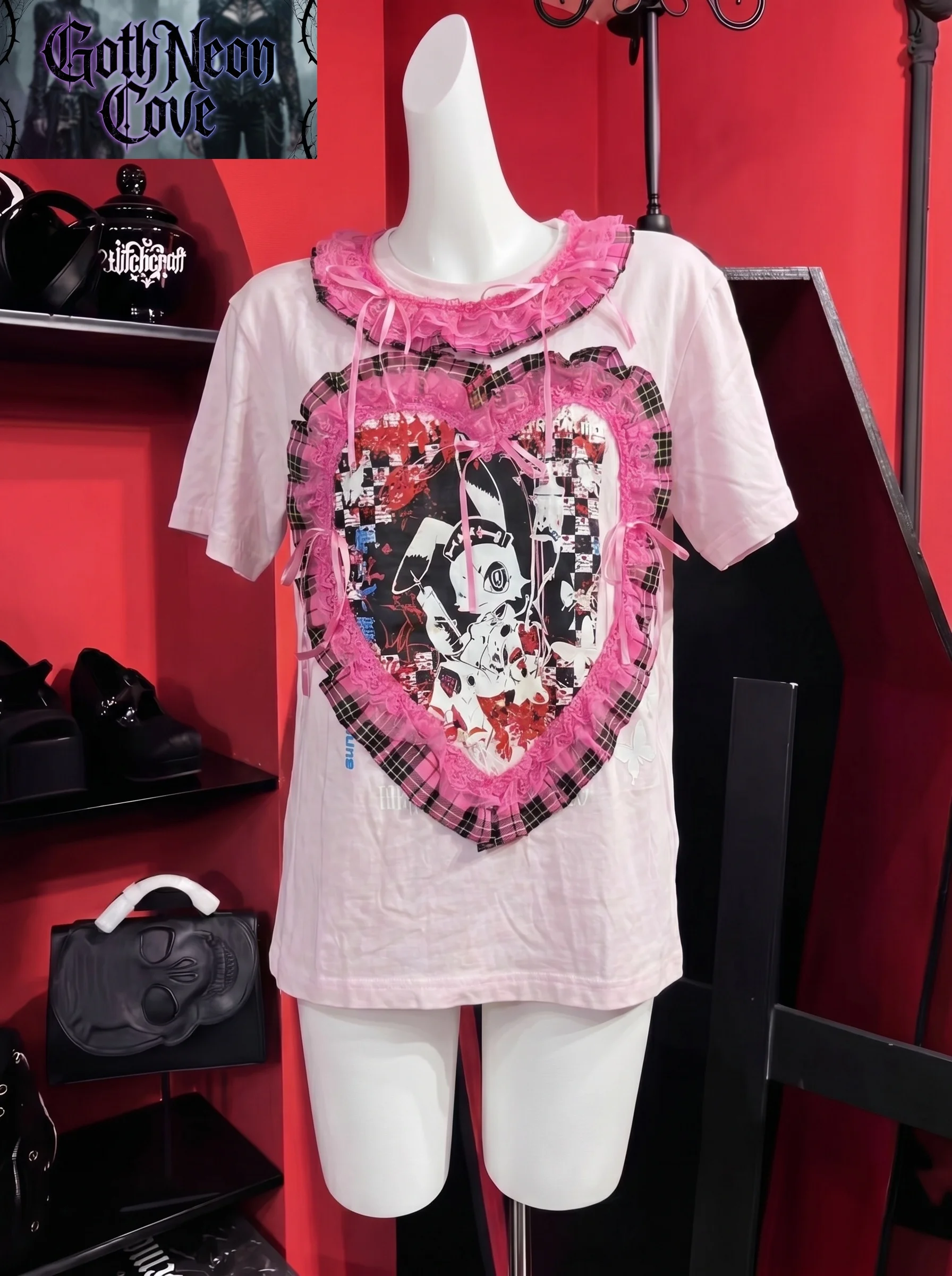 Summer American Casual Punk Y2K Top Women's O-Neck Short Sleeve Lace Cartoon Shirt Vintage Subculture Design T-Shirt Yami Kawaii