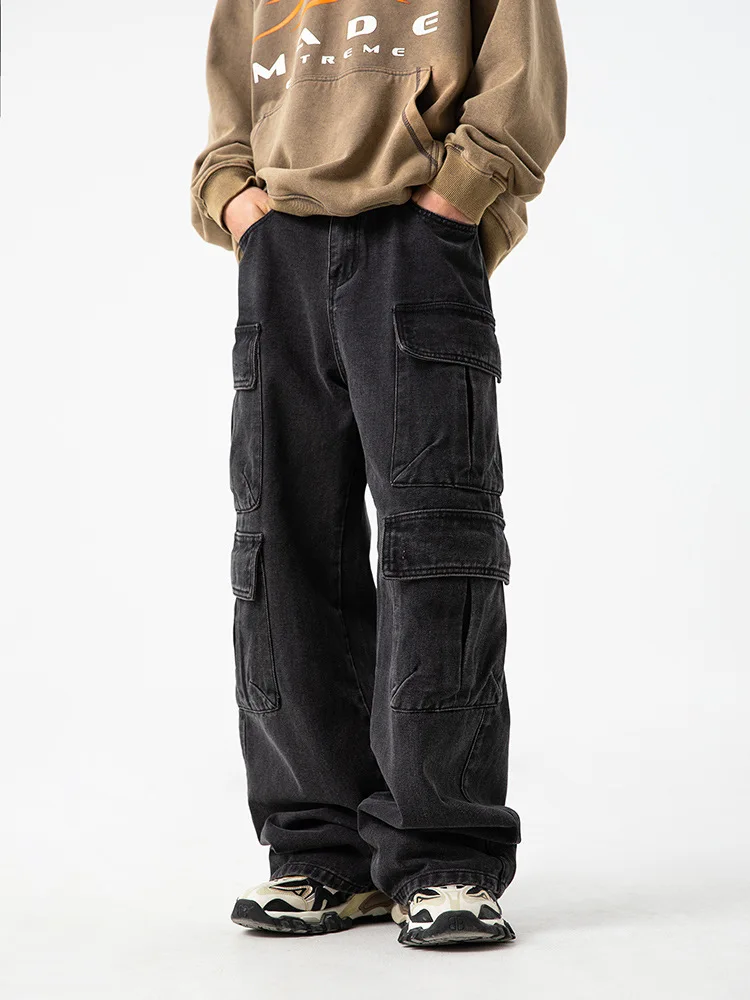 سراويل عمل فضفاضة جديدة للرجال لعام 2025 مع جيوب متعددة وأرجل واسعة، ملابس شارع فضفاضة مغسولة كلاسيكية، سراويل جينز بأربعة جيوب