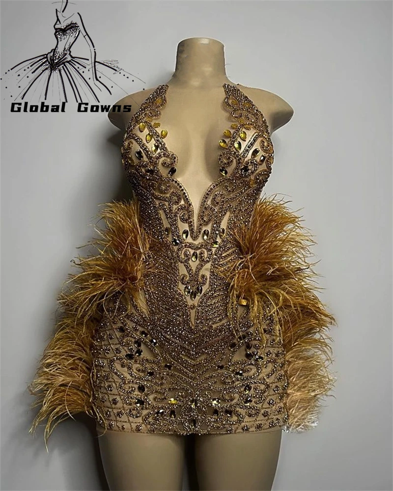 Gold Sheer O Neck Short Prom Dress For Black Girls Beaded Crystal Feathers Birthday Party Dresses Mini Mermaid Homecoming Abiti