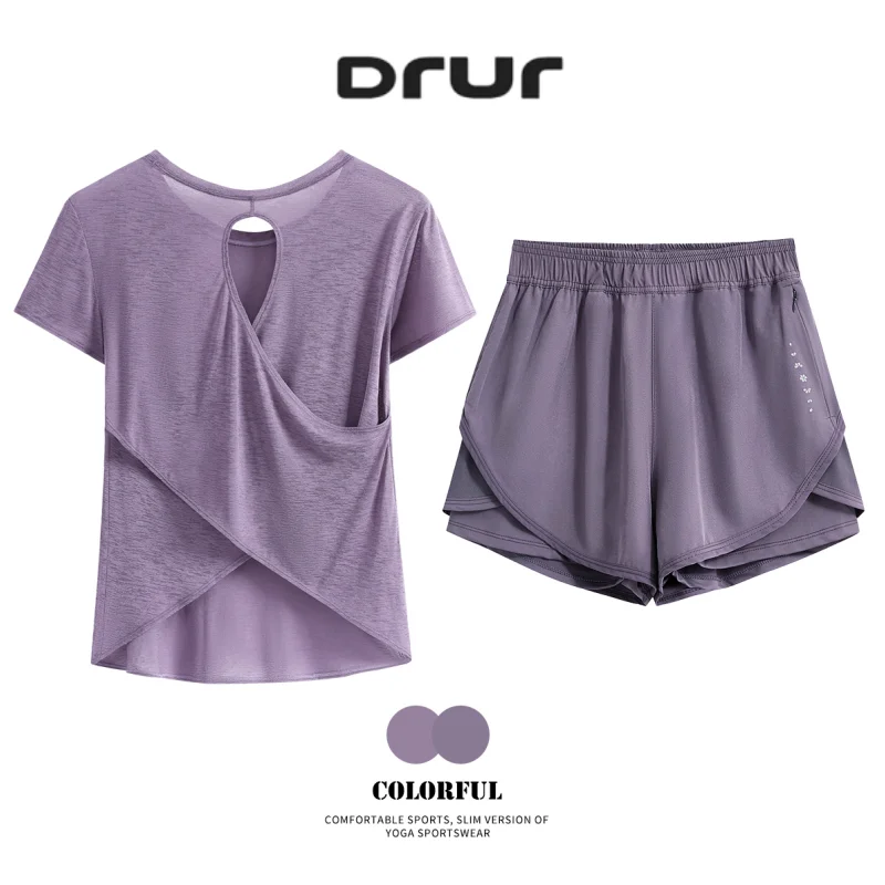 

Легкий свободный комплект для йоги DRUR с летними тонкими спортивными рубашками с открытой спиной и спортивными шортами 2 в 1, одинаковые комплекты для фитнеса и бега