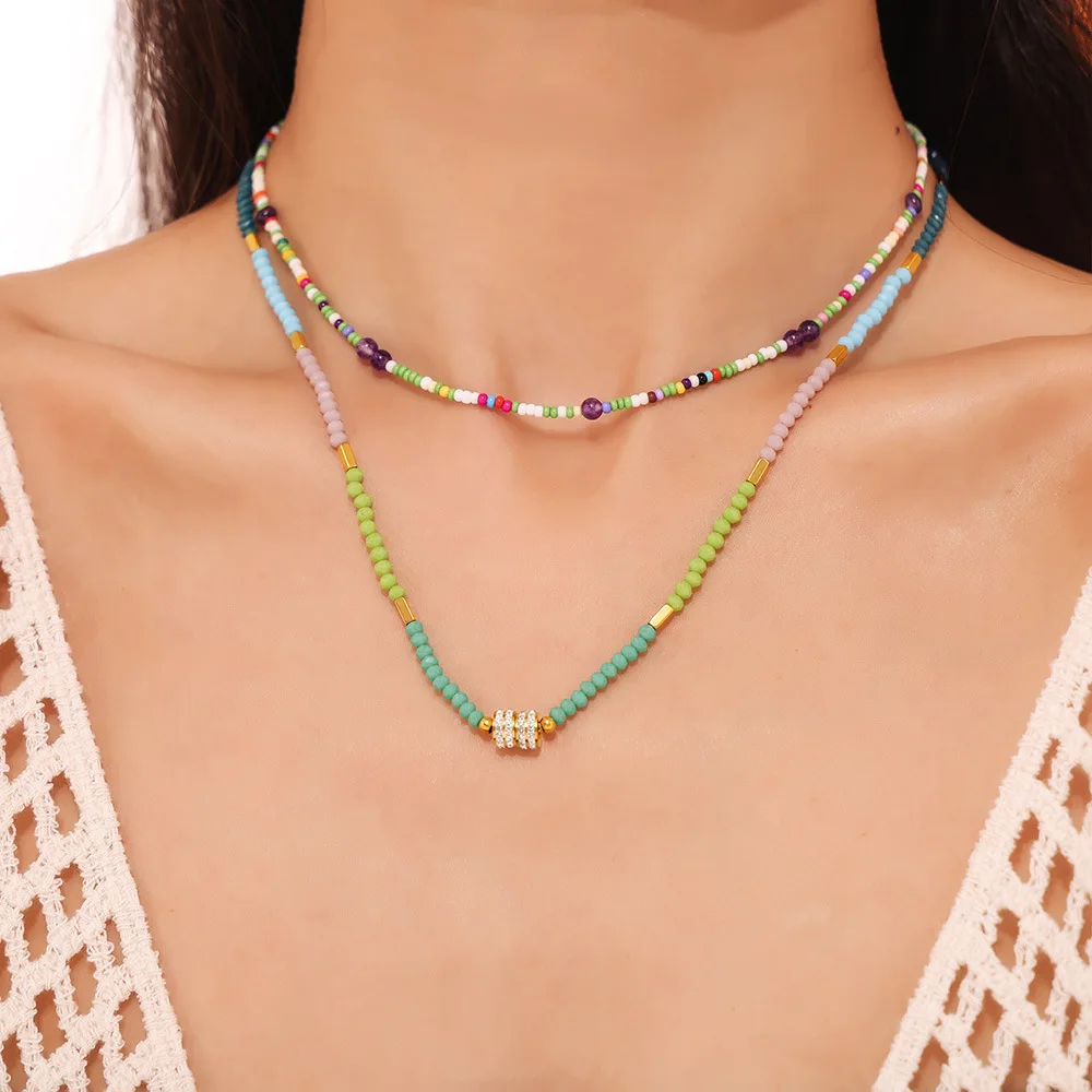 Colorful Natural Stone Beaded Necklace Women\'s 316 Stainless Steel Luxury Rhinestone Pendant Necklace Bohemian Jewelry Gift