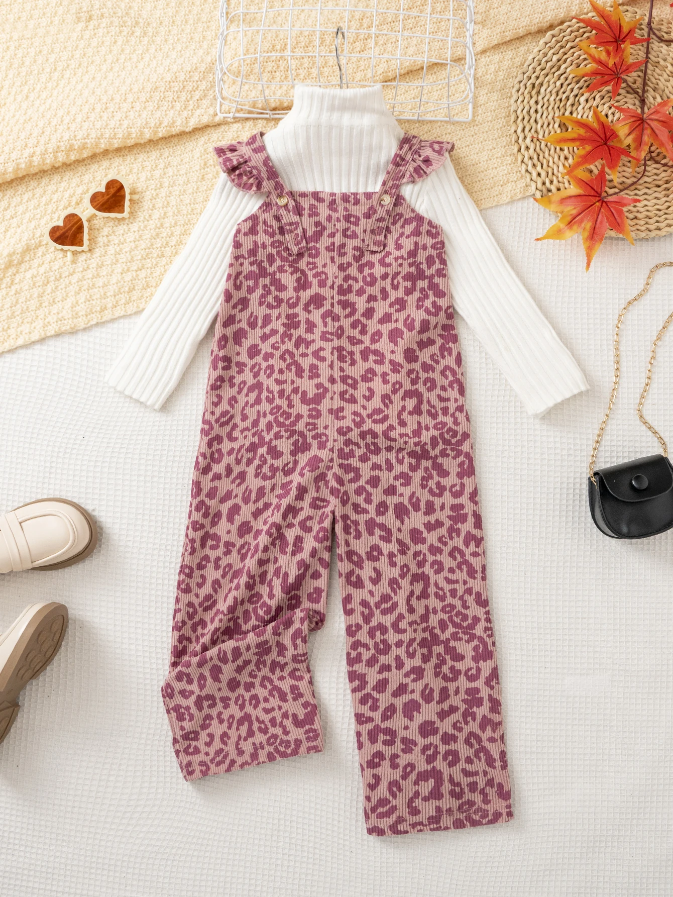 Mädchen Einteiler Overall Leopardenmuster Cord-Jumpsuit Weites Bein Latzhose Mädchen Rüschen-Träger-Strampler Herbst Kinderkleidung – Detail 1