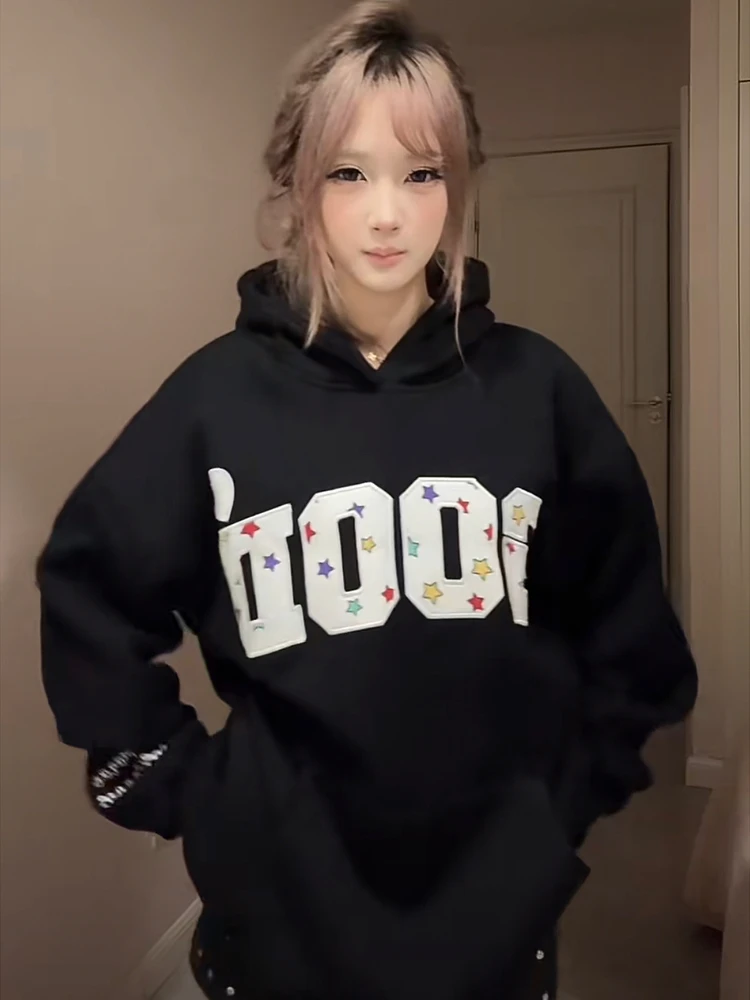 

American High Street Star Embroidery Hoodie Women's Autumn Winter Thiened Fce Loose Couple Jaet