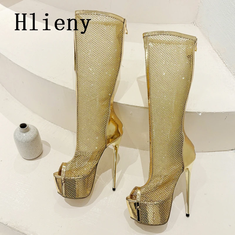 Hlieny Sexy Hollow Out Knee-High Boots Sandals Women Peep Toe Shoes Fashion Thin High Heels Pole Dancing Female Shoes