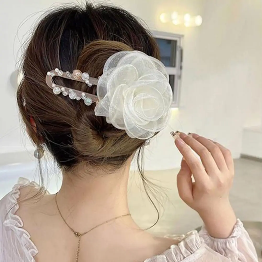 Refreshing Transparent Beads Fabric Flower Decor Lady Hair Pin Gift