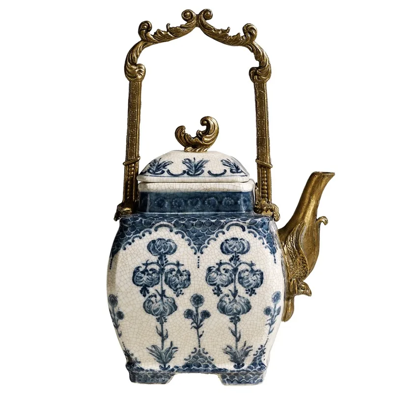 

Classical Chinese living room, decorative ornaments, study Bogu shelf, creative blue and white teapot, handmade, artworks 546