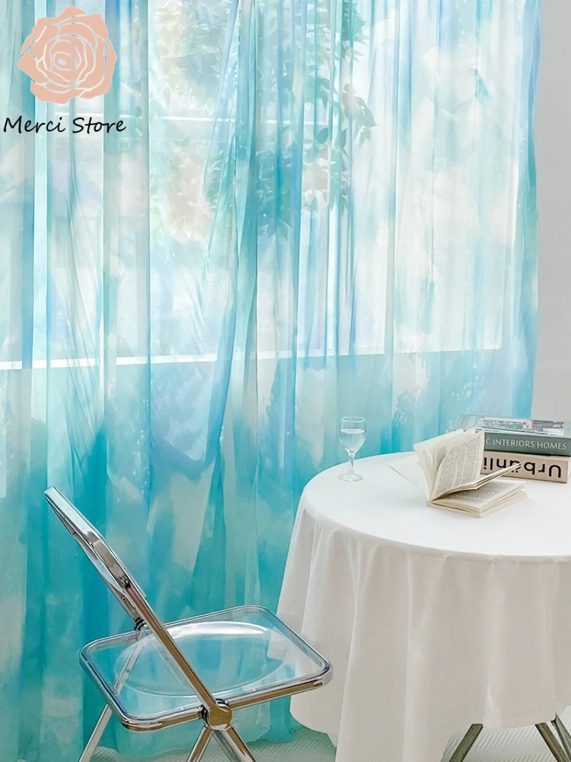 Ins Style Transparent Curtains for Living Room Gradient Chiffon Sky Watercolor Window Floating Balcony Sheer Light Drapes