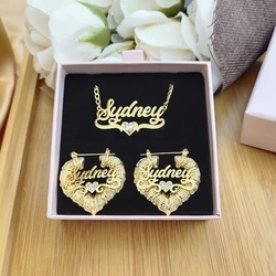 2023 Custom Name Jewelry Sets Stainless Steel Heart Bamboo Earrings and Zircon Necklace with Letters Women Children's Gifts