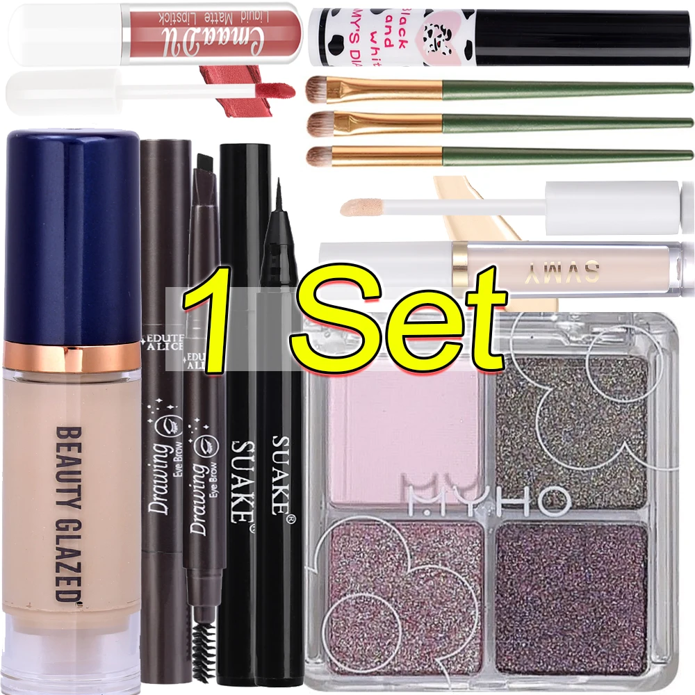 10pcs Makeup Set Concealer Liquid Foundation Lipstick Eyeshadow Waterproof Eyebrow Pen Black Mascara Smooth Eyeliner Cosmetics