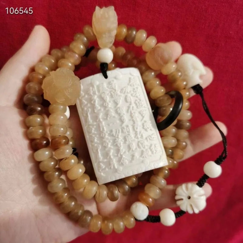 108 horn beads 10*6mm paired with horn dragon head three-way connector, lotus gourd bead, and Koro Heart Sutra pendant