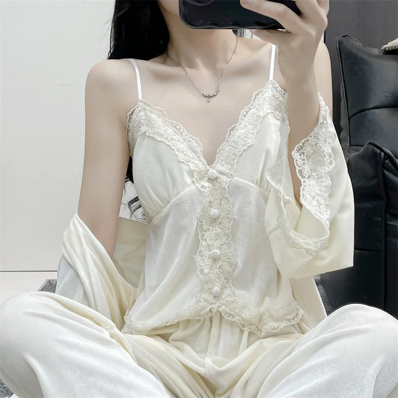 

Бежевый сексуальный кружевной интимный пижамный костюм, осенний новый женский пижамный комплект из 3 предметов, одежда для сна, свободная велюровая домашняя одежда, одежда для дома