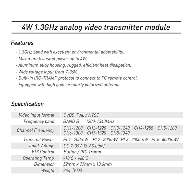 1.3G 4W VTX Analog Image Transmission High Power FPV Flying Drone Analog Image Transmission Fixed Wing Long-Range