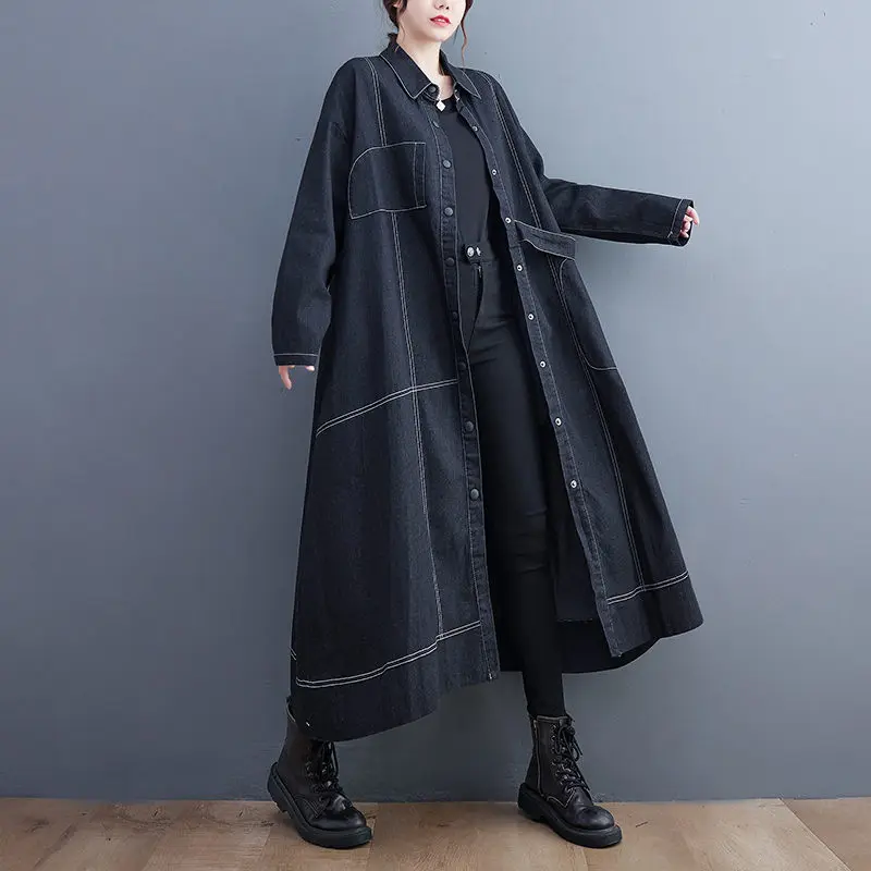 2022 Autumn New Style Super Long Windbreaker Loose Large Size Contrast Top Line Splice Denim Jacket Fashion Casual Coat T471