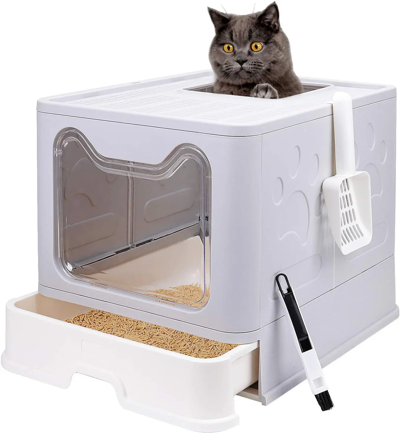 

Foldable Cat Litter Box with Lid, Large Top Entry, Anti-Splashing, Easy to Clean, Includes Scoop and 2-in-1 Brush (Grey)