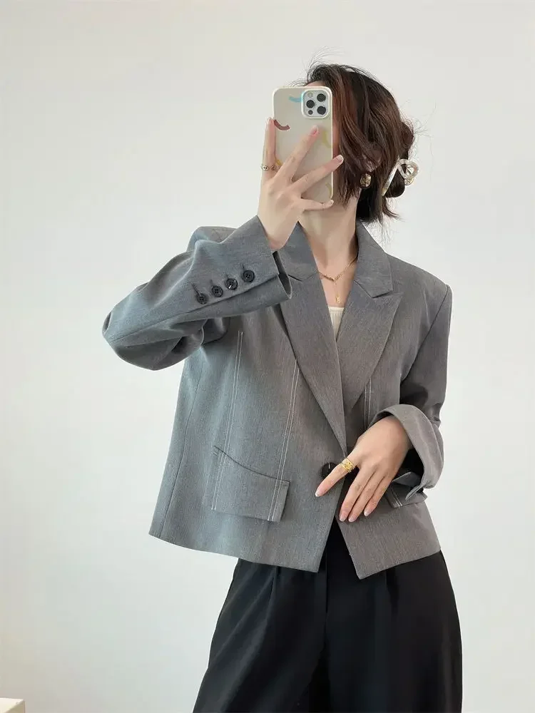 French Spring Summer Blazer Coat Women's Fashion Temperament Short Sleeve Casual Loose  Top Versatile Solid Blazer Trend 2023