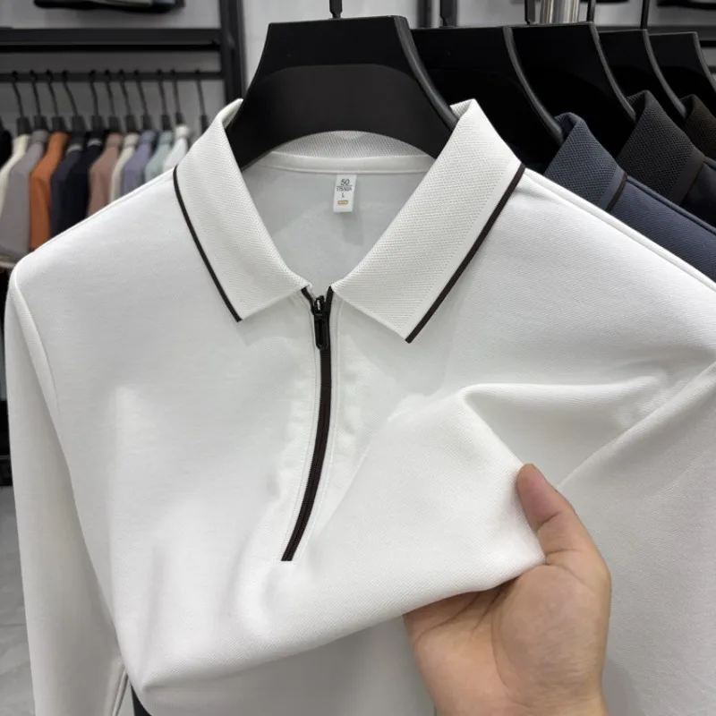 

Men's Half-Zip Fleece-Lined Turtleneck T-Shirt with Infrared Warmth & Anti-Static, Twill Fabric Business Long-sleeve Polo Shirt