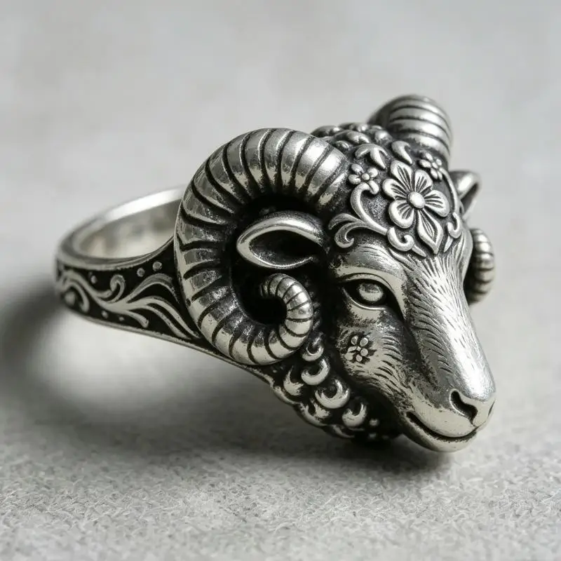 Vintage-Ring mit silberfarbenem Widderkopf, geschnitzter Blumenring mit Widdermotiv, gotischer Tier-Punk-Schmuck, zartes Geschenk für Männer und Frauen, Party-Accessoire. – Detail 6