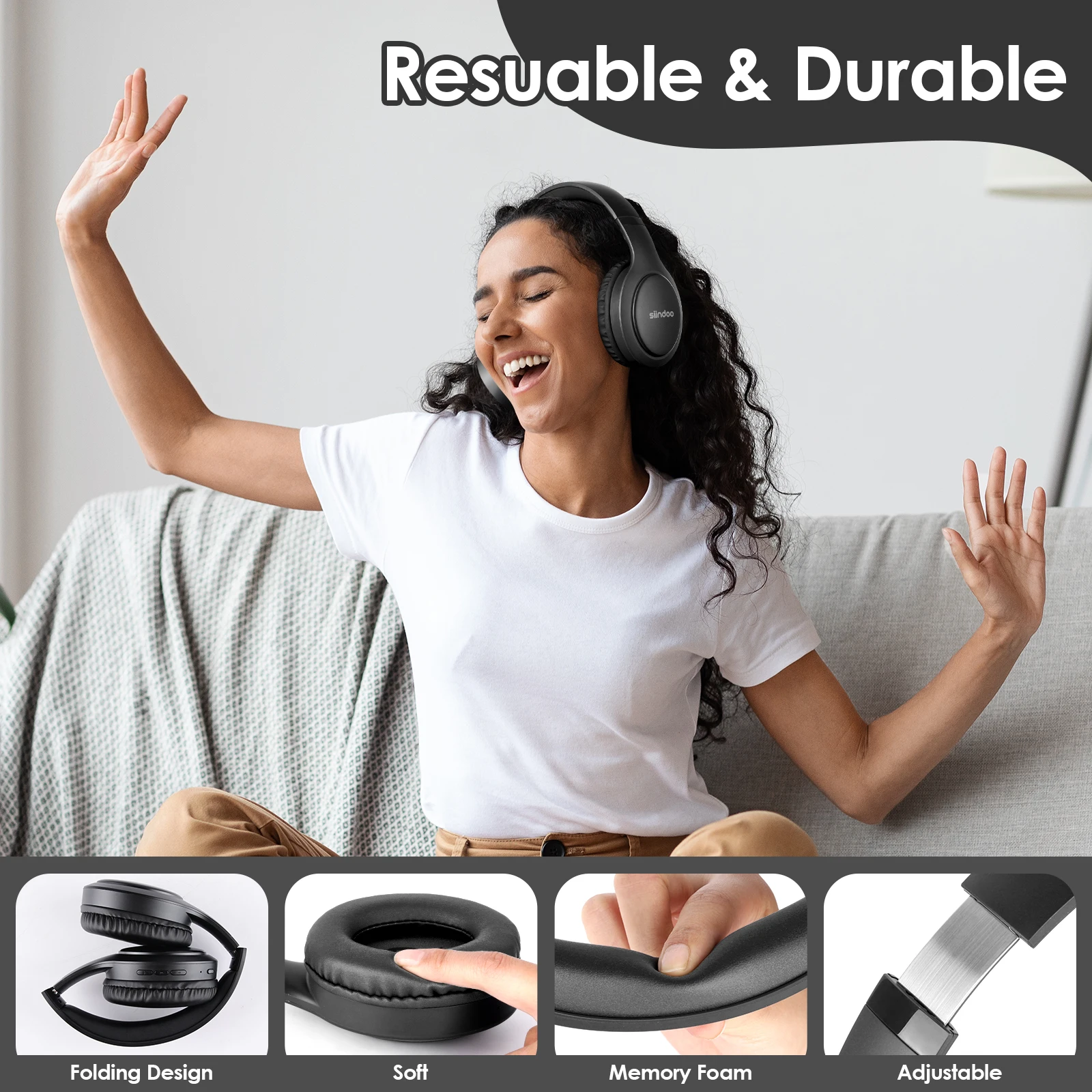 Siindoo سماعة لاسلكية تعمل بالبلوتوث سماعات JH-919 سماعات ستيريو قابلة للطي سوبر باس إلغاء الضوضاء هيئة التصنيع العسكري سماعة للتلفزيون PC أسود #6