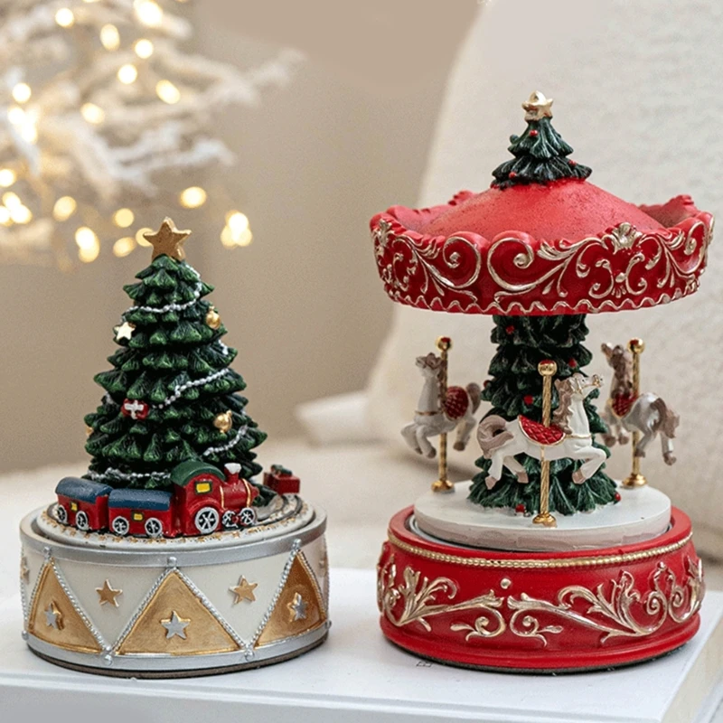 Christmas Resins Carousels Rotating Christmas Tree Musical Box for Holiday Decoration and Gift Enthusiasts