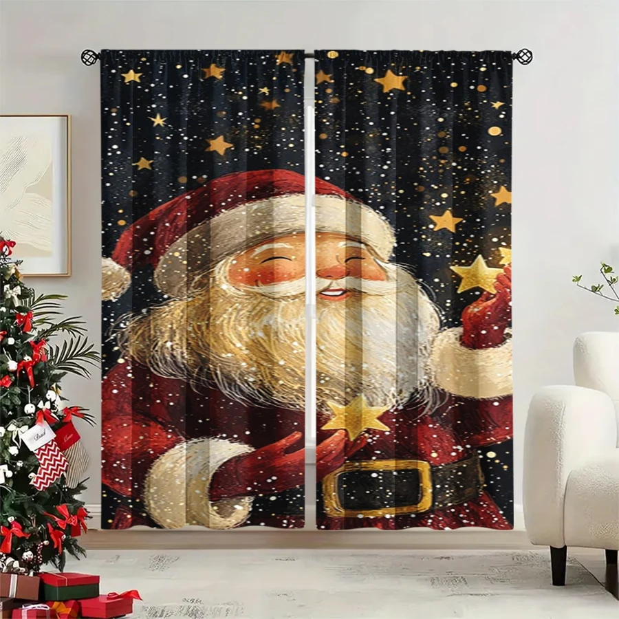 2PCS Christmas Winter Curtains, Black Starry Santa Claus Gold Star Winter Night, Digital Print, Bedroom Living Room, Home Decor