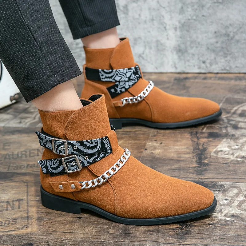 

Punk Style Men Chelsea Boots Fashion Buckle Strap Design Men Suede Leather Shoes High Top Slip-on Men Party Shoes Large Size 48