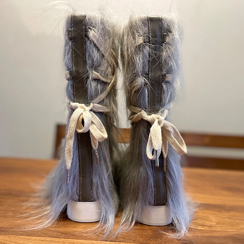 Grey Furry Cross-Strap Platform Mid-Calf Snow Boots Woman Winter 2024 British Style Fashion Round Toe Boots Shoes for Women