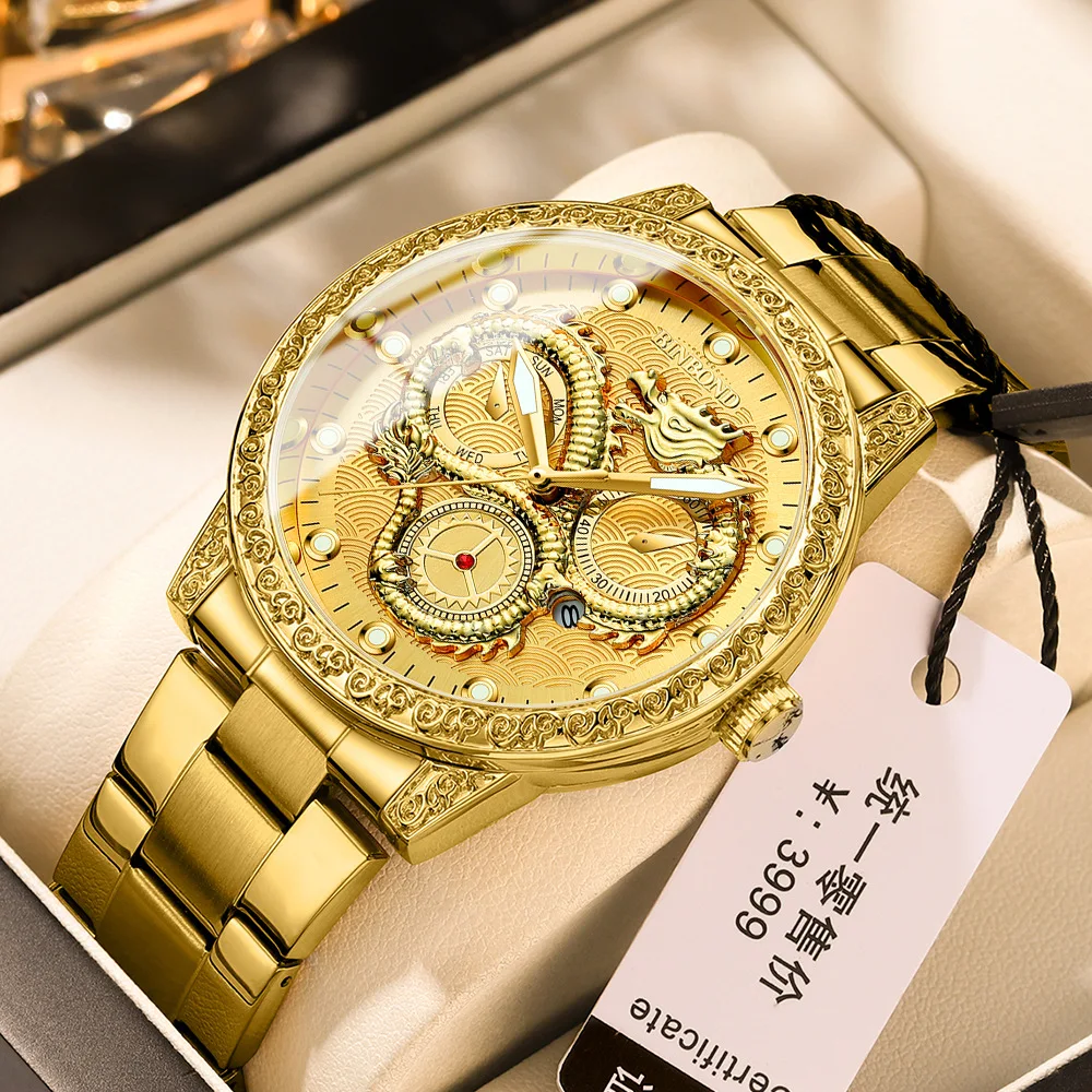 

Full Gold Steel Dragon Men's Watch Luxury Business Quartz Wristwatch Fashion Waterproof Luminous Display Male Clock Reloj Hombre