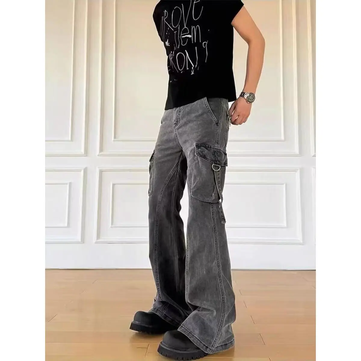 Men's Side Pocket Design Vibe Grey Street Jeans Unisex Spring Washed Retro Trousers Cool Boy Bottom Male High Waist Denim Pants