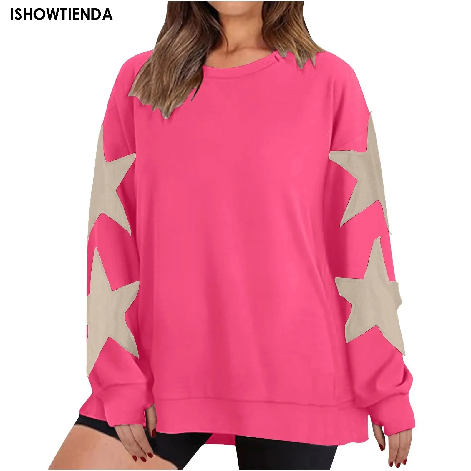 Sudadera holgada con estampado de estrellas para mujer, suéter de manga larga con cuello redondo, talla grande, Otoño e Invierno