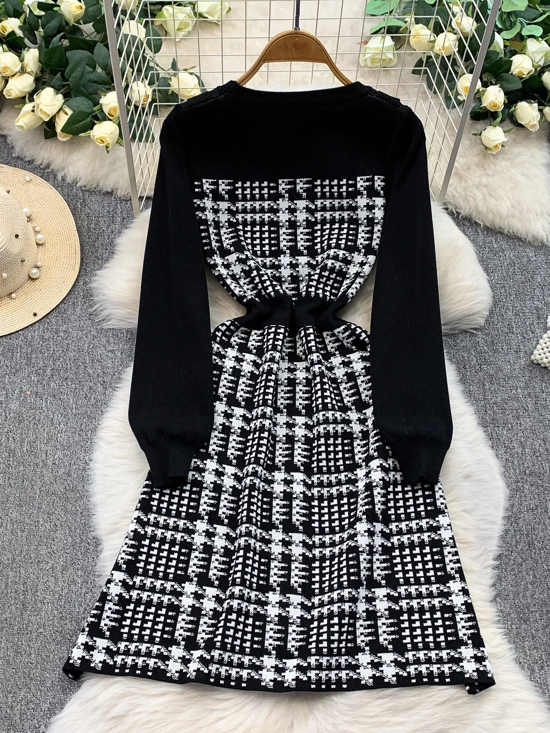 Koreanische Sle Gestrickte Midi Dr frauen Herbst Winter Button up Slim Fit Plaid Wrap Taille runde Ne Lange Sve Ci pendeln