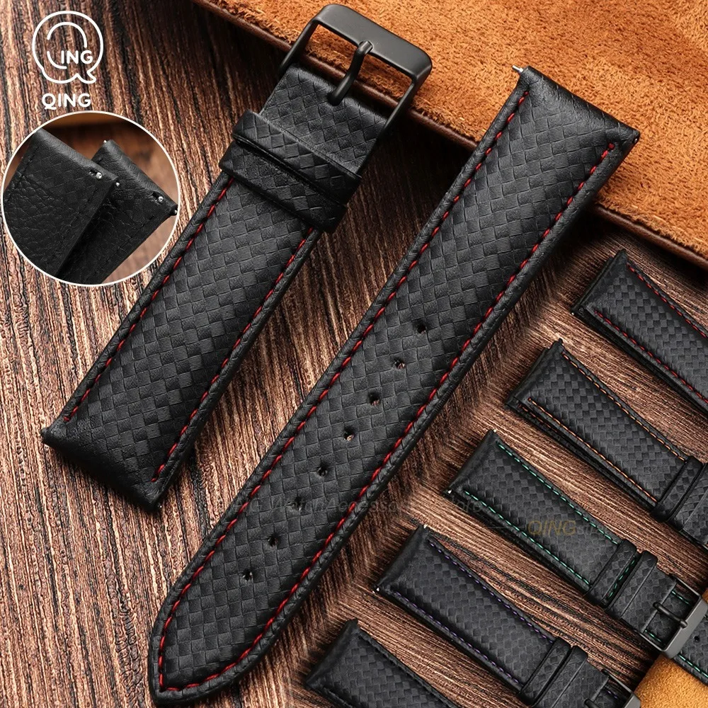 20mm 22mm Quick Release Black Carbon Fiber Leather Watch Straps Band for Galaxy Watch 7 6 5 4 40/44mm Gear S3 Universal Bracelet