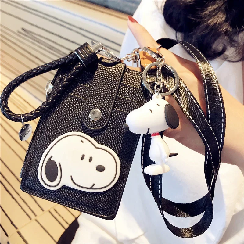 Snoopy Portable Card Holder Keychain Doll Women ID Card Name Card Case PU Leather Men Key Ring Anime Girl Wallet Lanyard Cover