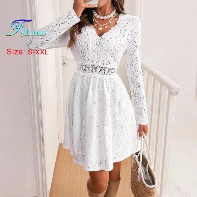 Robe d'été élégante en dentelle pour femmes, blanche, col en V, manches longues, douce, mi-longue, Sexy, taille découpée, vêtements de vacances décontractés, nouvelle collection