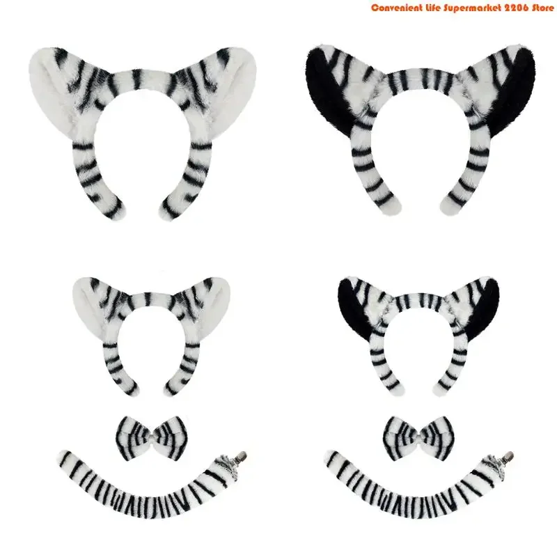 G92D Zebras Costume Accessory Zebras Ear Headband Bowtie Tail Animal Dressing Up Set