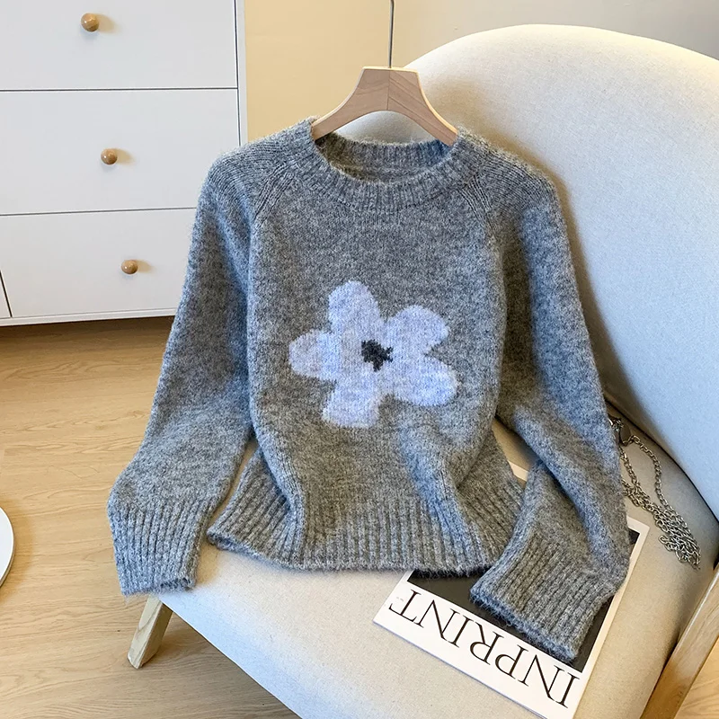 

Осенне-зимний серый свитер с цветочным принтом, женский корейский элитный универсальный повседневный модный вязаный топ с круглым вырезом