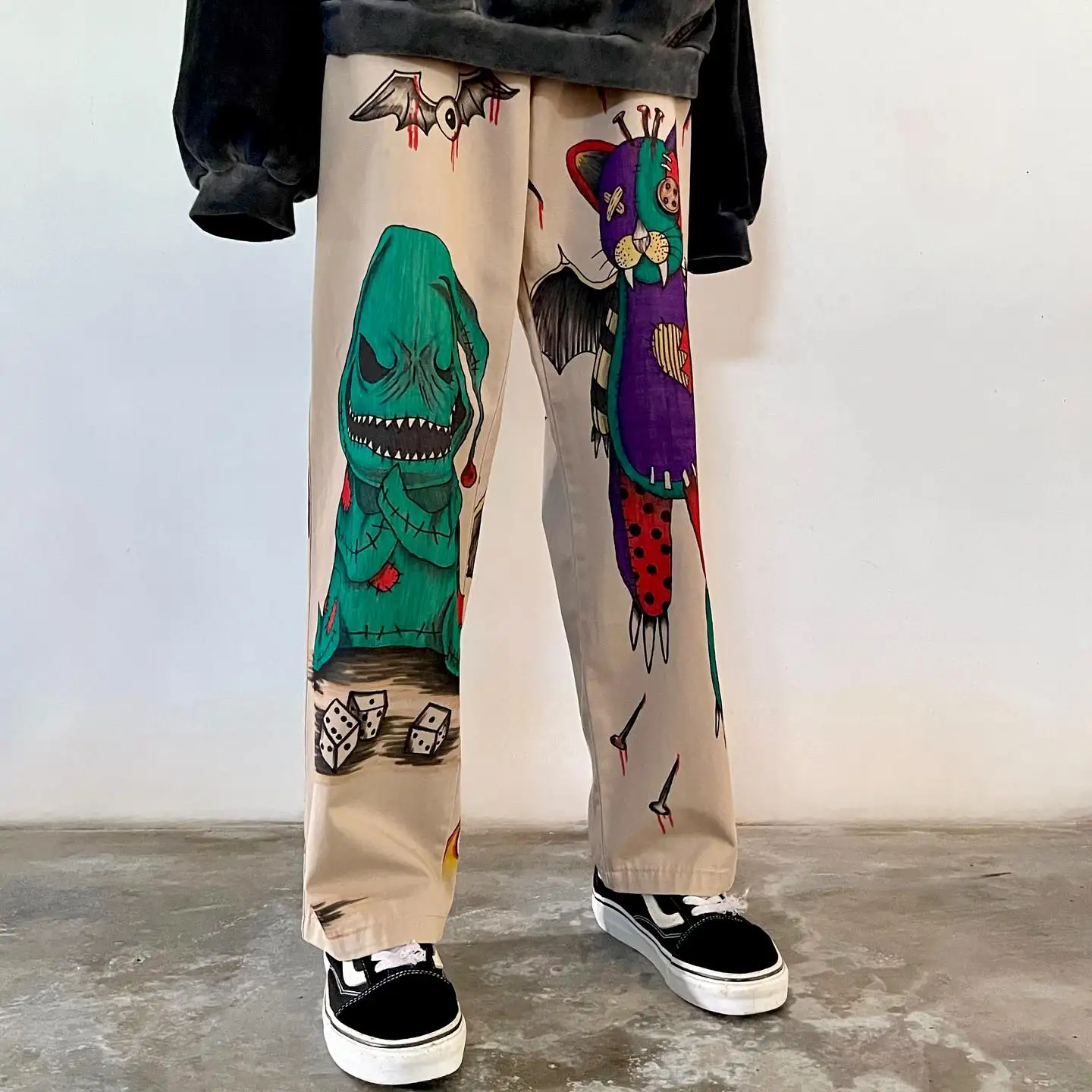 Hip Hop Graffiti Print Graffiti Jeans Baggy para homens e mulheres, calças jeans Harajuku, calças largas de perna larga, Y2K, góticas, cintura alta, novo