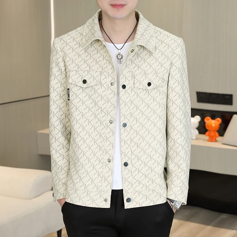 

Autumn Korean Letter Printed Casual Jacket for Men Slim Fit Lapel Business Social Jacket Office Outwear Windbreaker Coat M-5XL