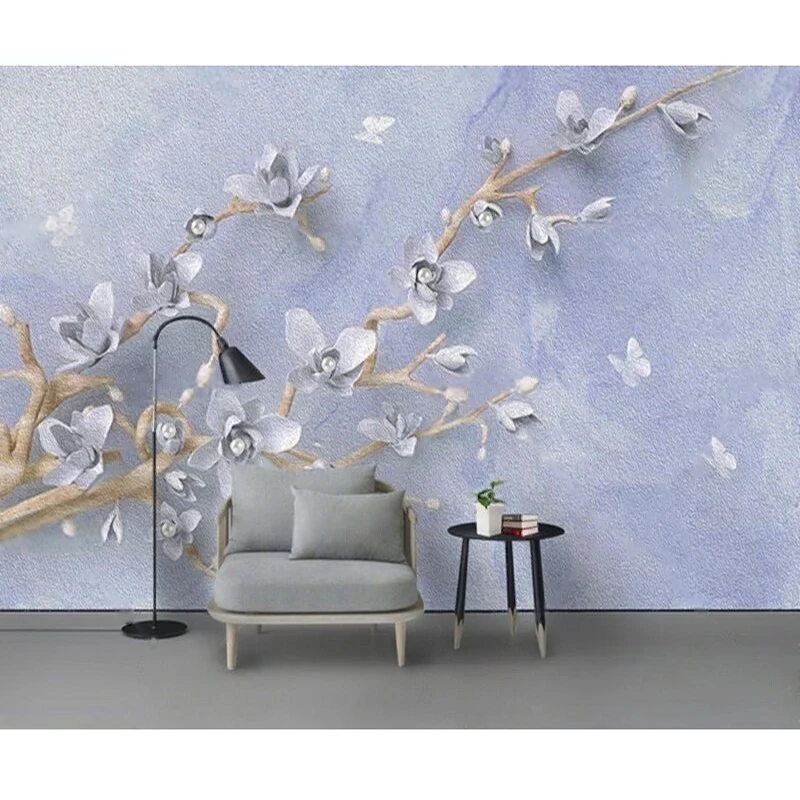 Modern Minimalist And Elegant Oil Painting Three-Dimensional Floral Background Wall With A Classic Blue And Romantic Theme