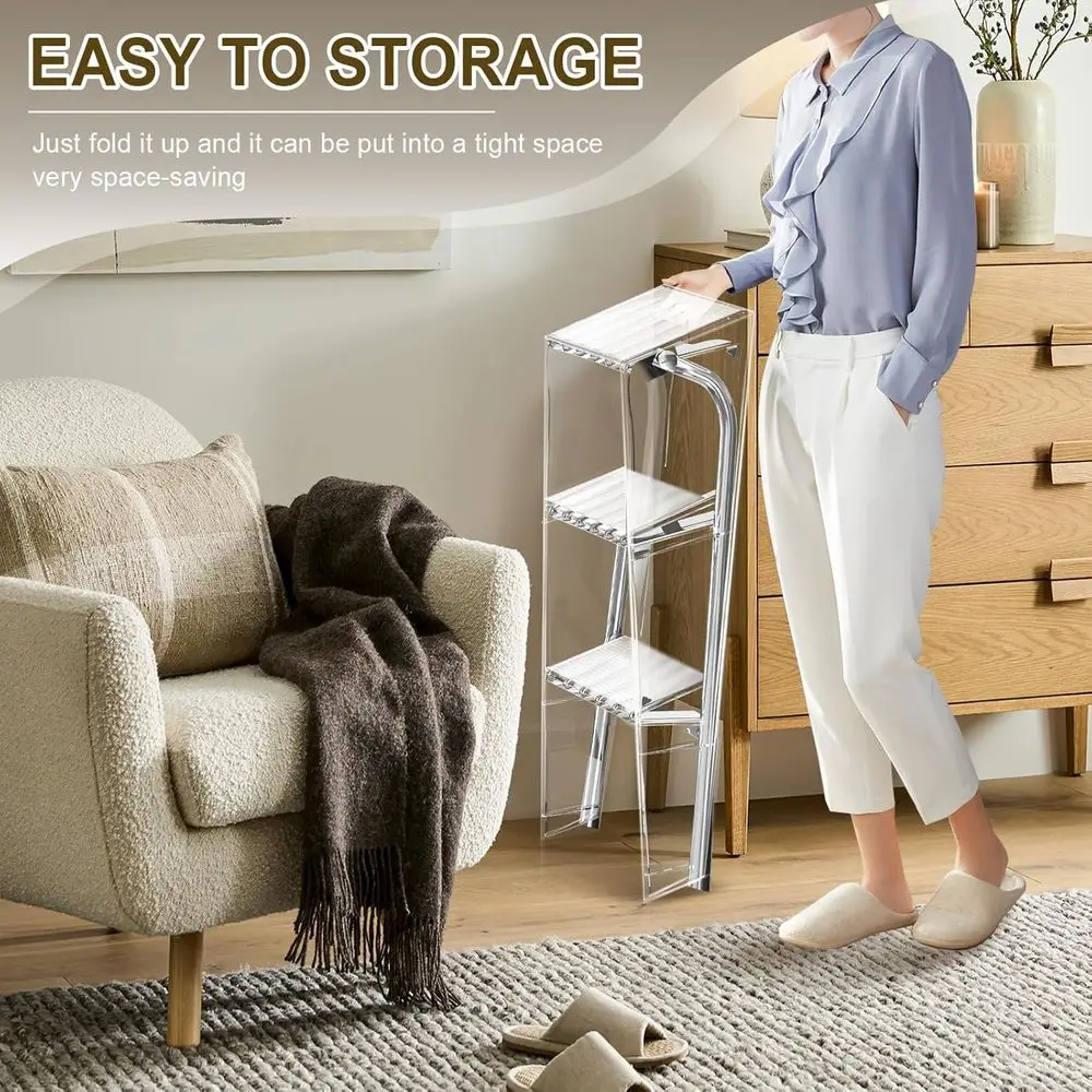 Transparent 3-Step Acrylic Folding Stool for Adults, Modern Decorative Storage Shelf, Flower Rack, Photography Accessory