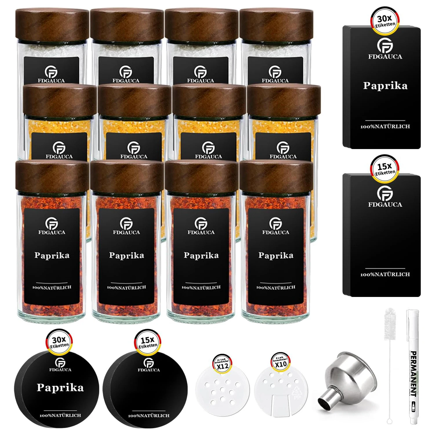 12/24 stuks 120 ml glazen kruidenpotjes met natuurlijk acaciahout deksel, ronde schudcontainers met etiketten voor keukenopslag
