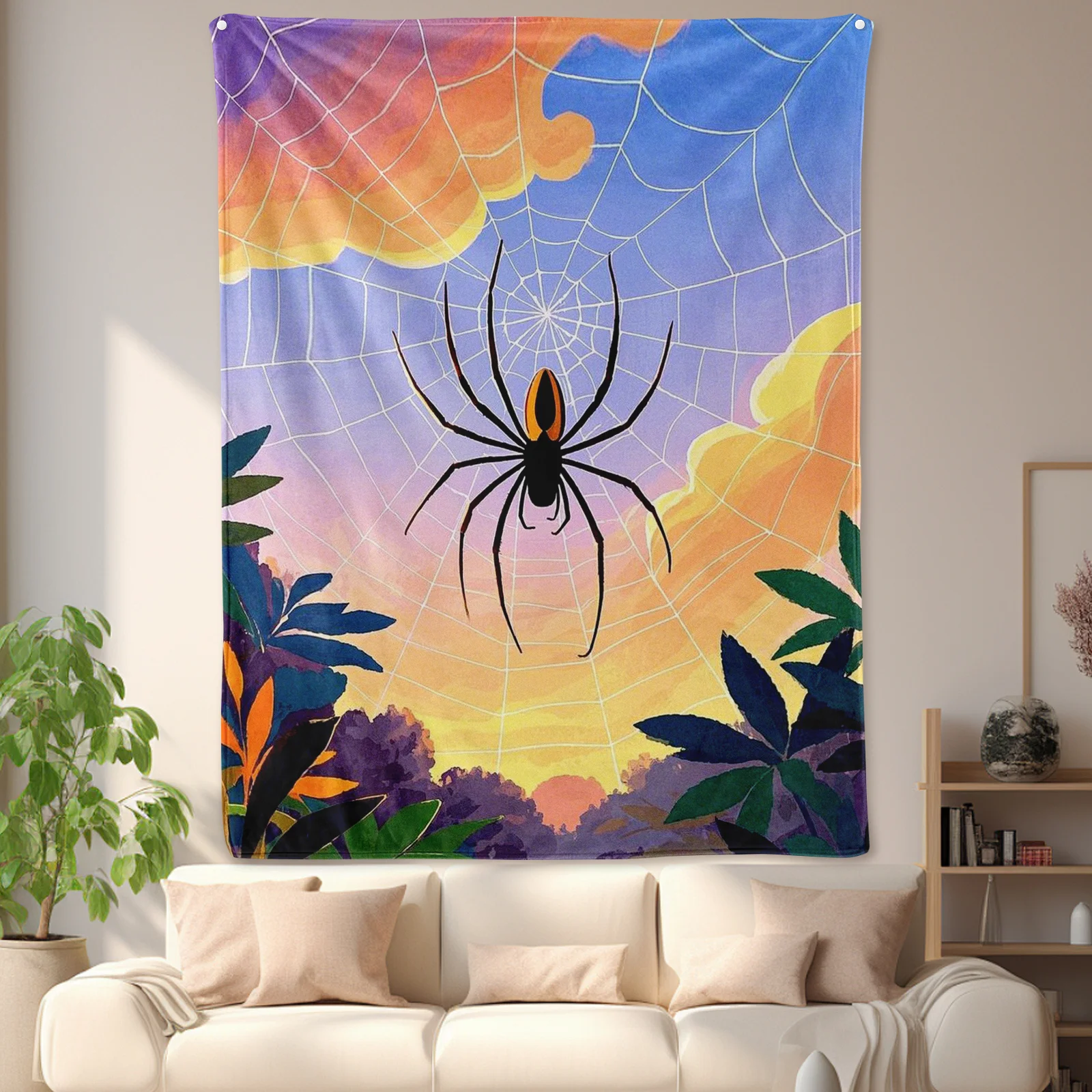 Enchanting Spider Design Blanket With Grass Spider Web And Colorful Clouds For Whimsical Home Aesthetic