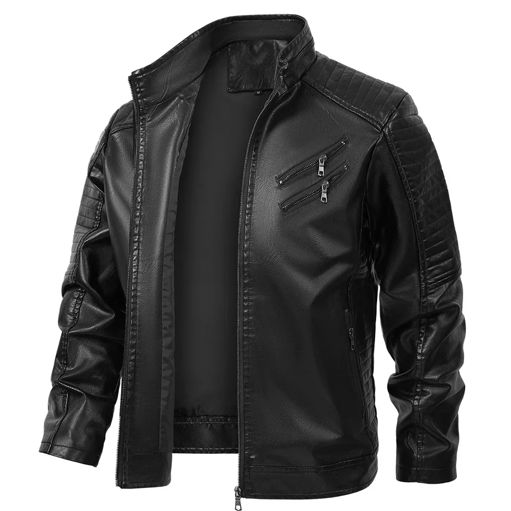 

Man Autumn Leather Jacket High Street Punk Solid Color Male Outerwear Stand Collar Long Sleeve Zipper Windproof Men Coat