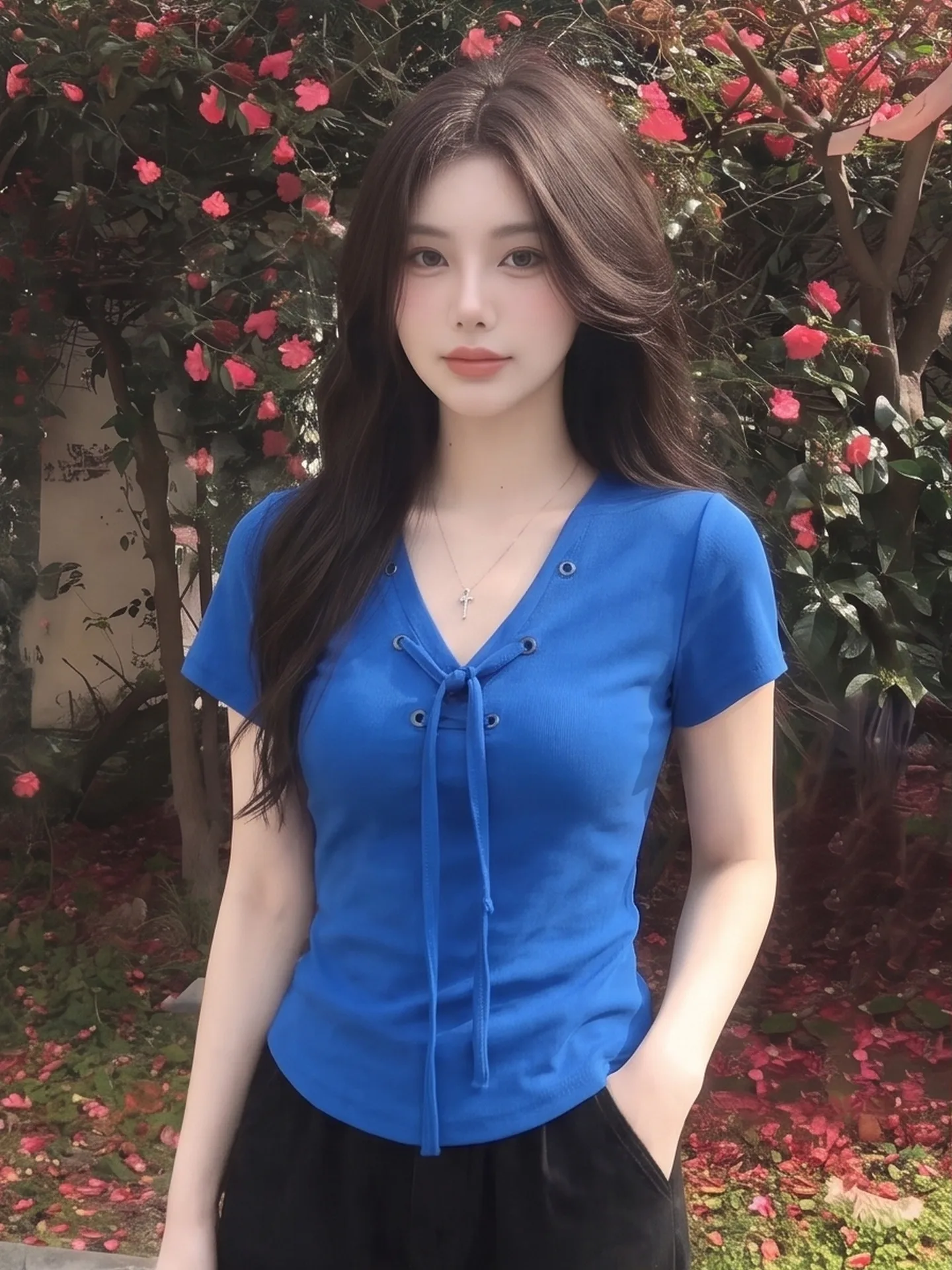 Klein Blue Women's T-shirt V-neck Hollow out Slimming Summer Top Breathable Short Sleeve Casual Style Universal Fit