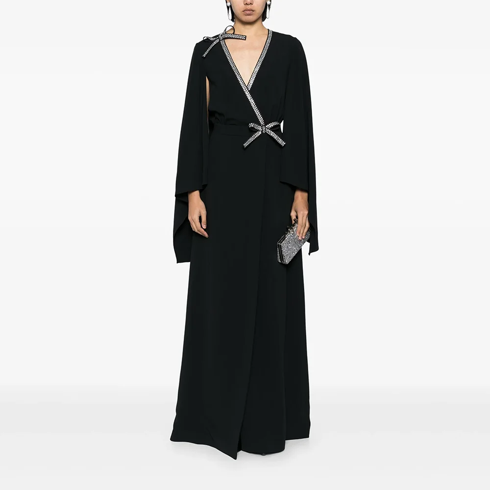 カスタムメイドのVネック長袖ロングイブニングドレス、エレガントなフォーマルな機会、プロムガウン、クリスタル付き2025年フロア丈プロムドレス