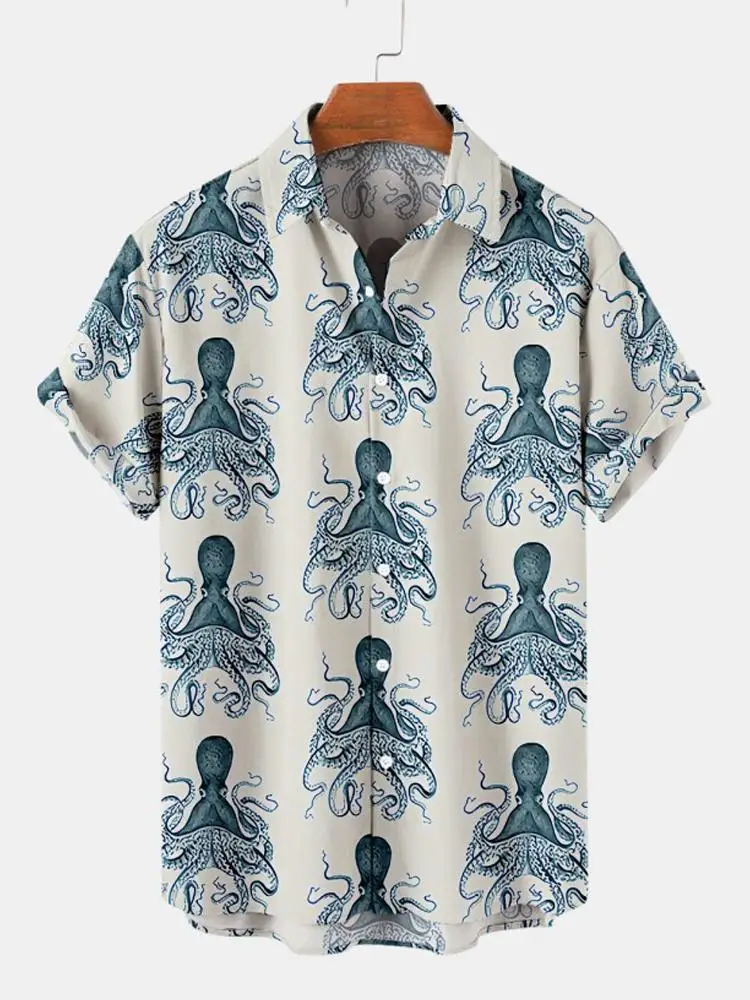 Summer men's Octopus Print Shirts Short Sleeved Hawaiian Beach Shirts Ocean Animal Cartoon Pattern Shirts Men's Casual Shirt