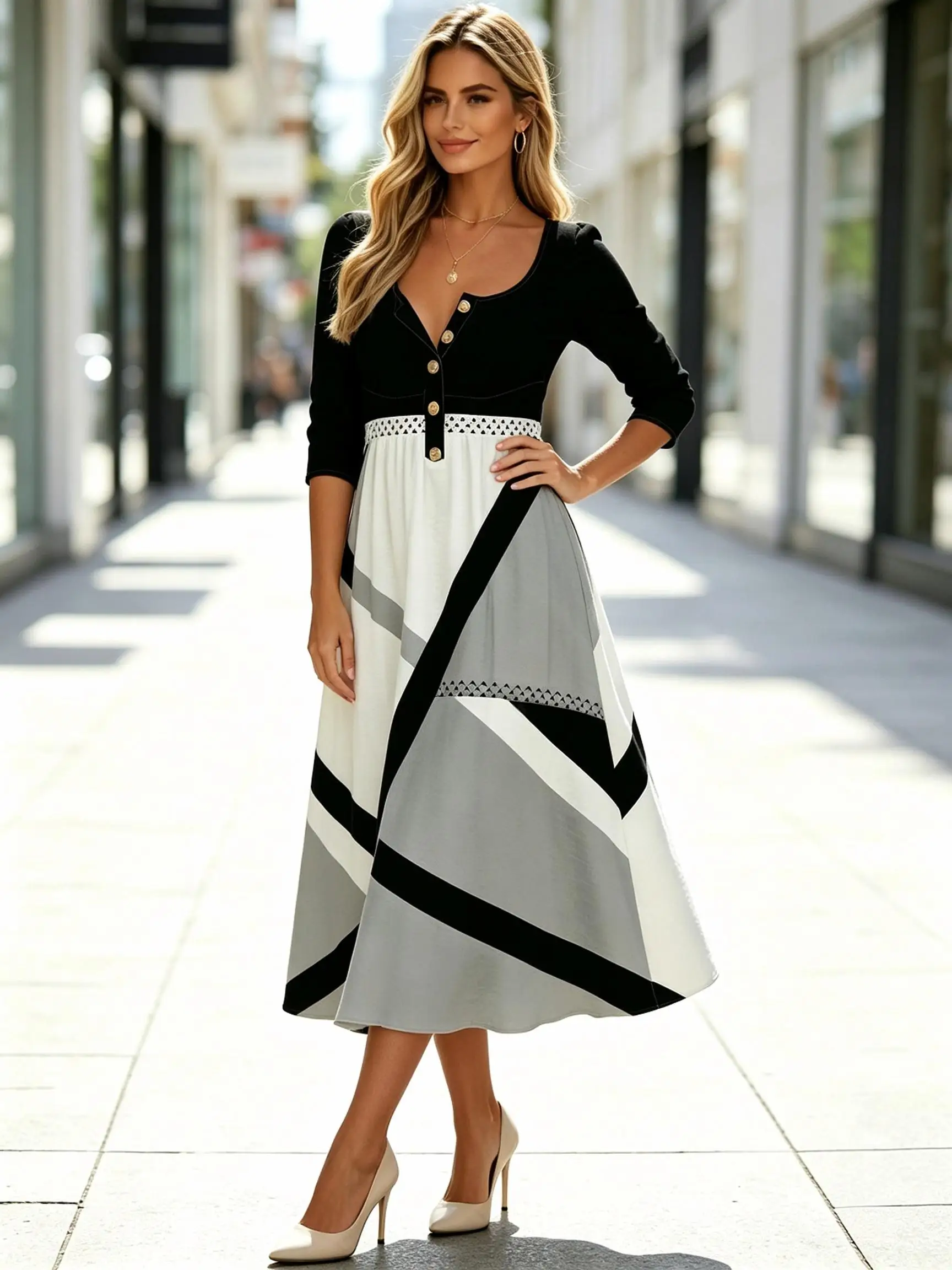 Damen-Midikleid mit 3/4-Ärmeln, farbblockiertem geometrischem Muster, V-Ausschnitt, Knopfleiste vorne, A-Linien-Schnitt, langes Kleid mit Taschen. – Detail 1