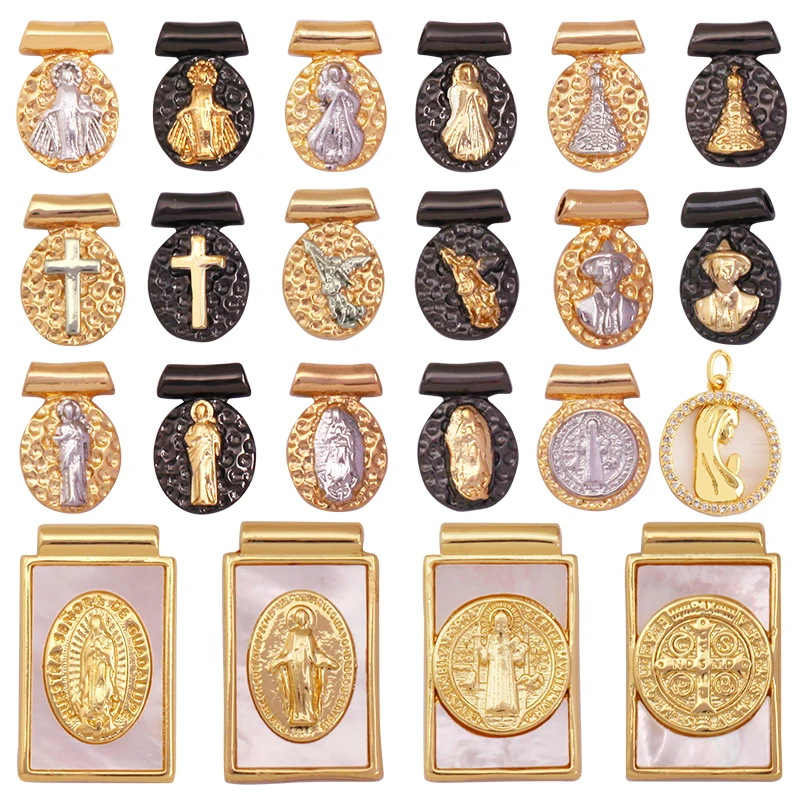 Religious Stye Jesus Virgin Mary Shell Charm Pendant,Holy 18K Gold Inlaid Cubic Zirconia Jewelry Necklace Accessories Supply K51