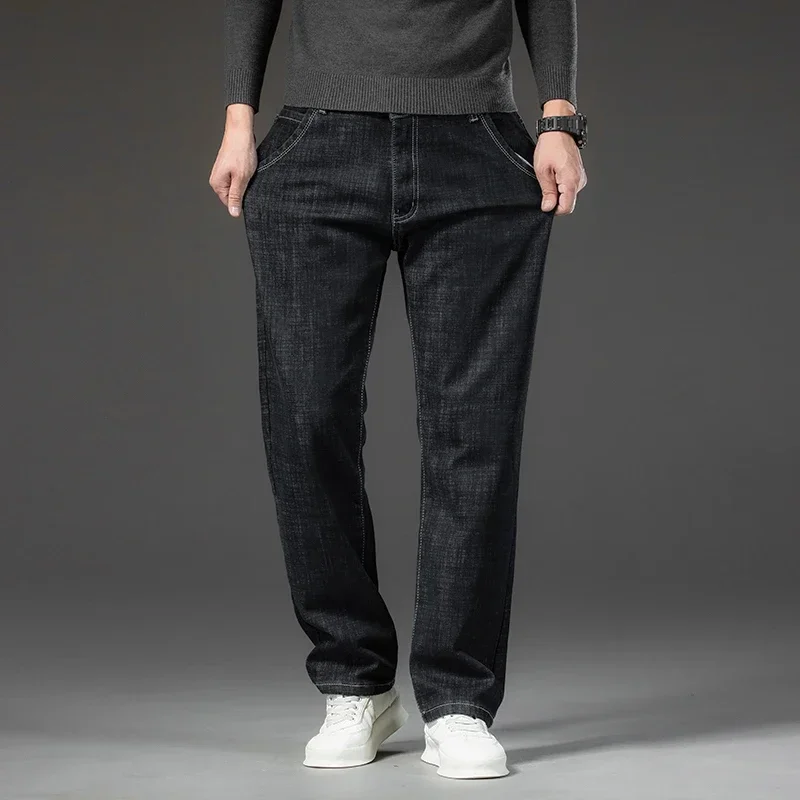 2024 Autumn Winter Elastic Fleece Thick Warm Loose Jeans Men's Plus-size Straight Pants