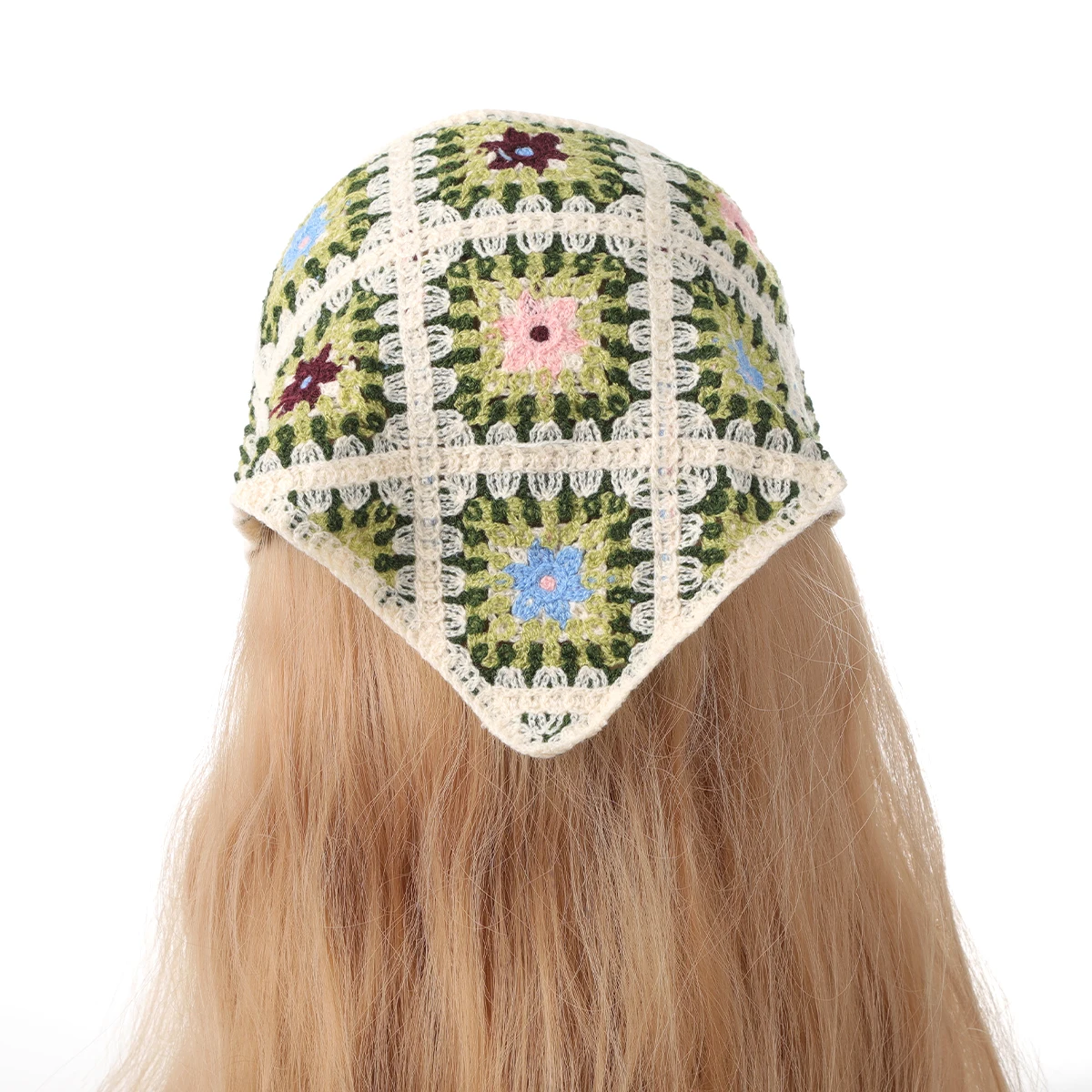 White Woven Knitted Plaid Flowers Hair Scarf Wraps Women Retro Triangle Headscarf Hat Travel Photo Headband Hair Accessories