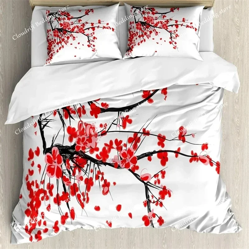 Cherry Blossoms Duvet Cover KingQueen Size,Japanese Sakura Tree Pink Floral Spring Vintage Cultural Bedding Set for Women Girls0